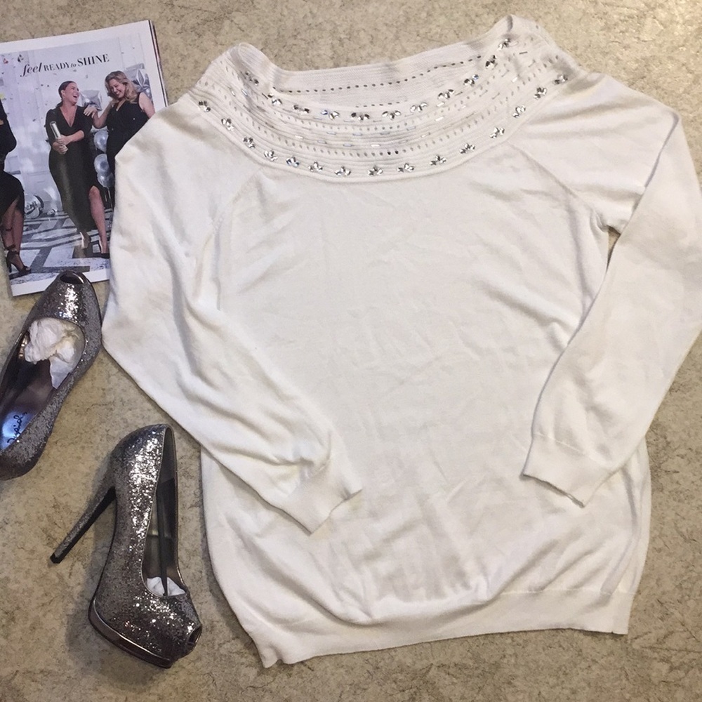Roz And Ali White Rhinestone Crochet Sweater - Picture 4 of 8